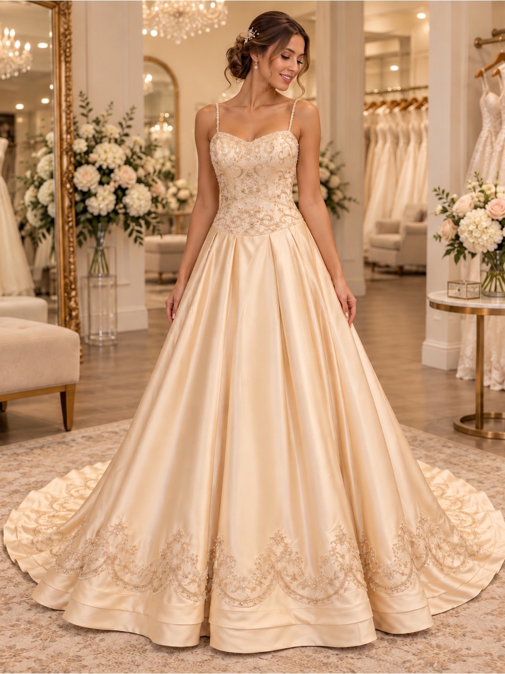 DaVinci Champagne Beaded Sequin Wedding Dress NWT Size 6 Long Train